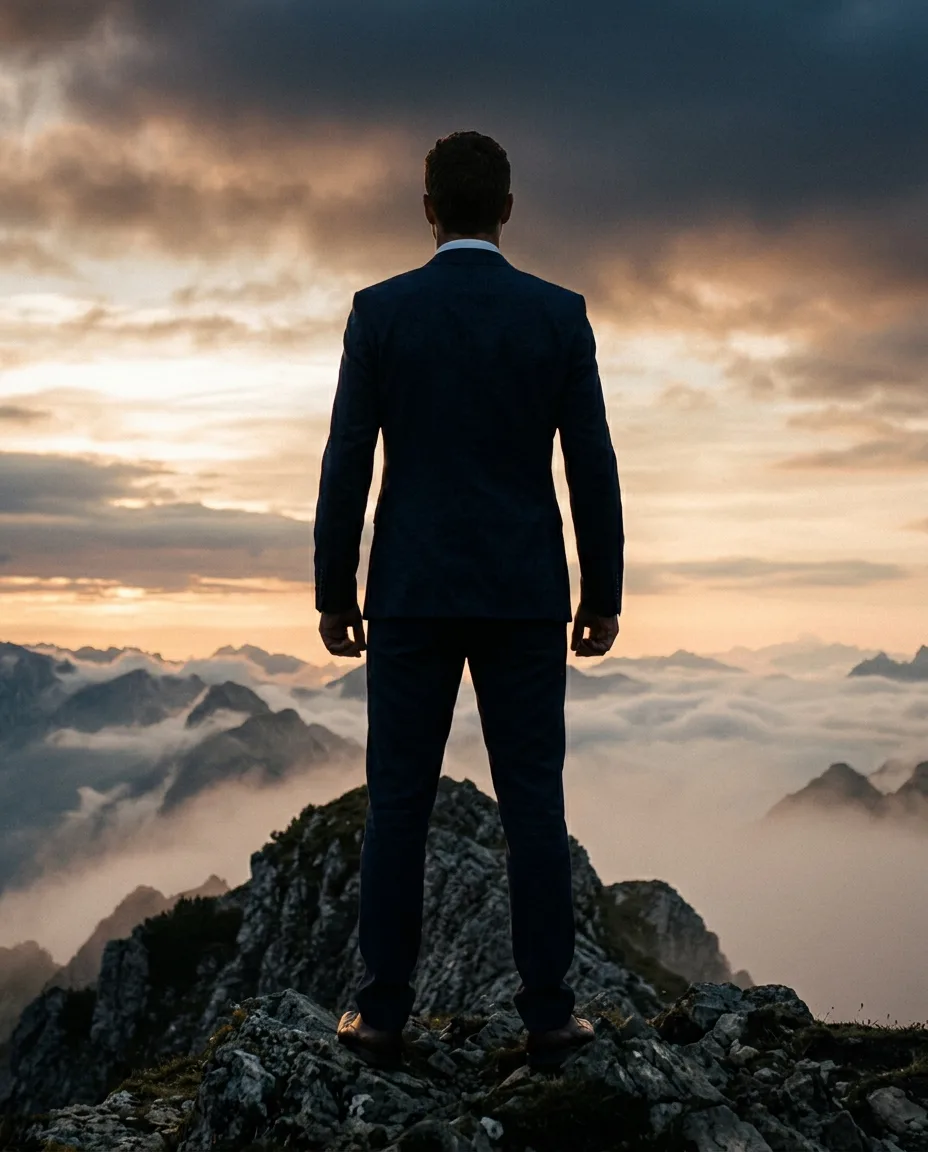 Silhouette de dos face à une chaîne de montagnes à l’aube